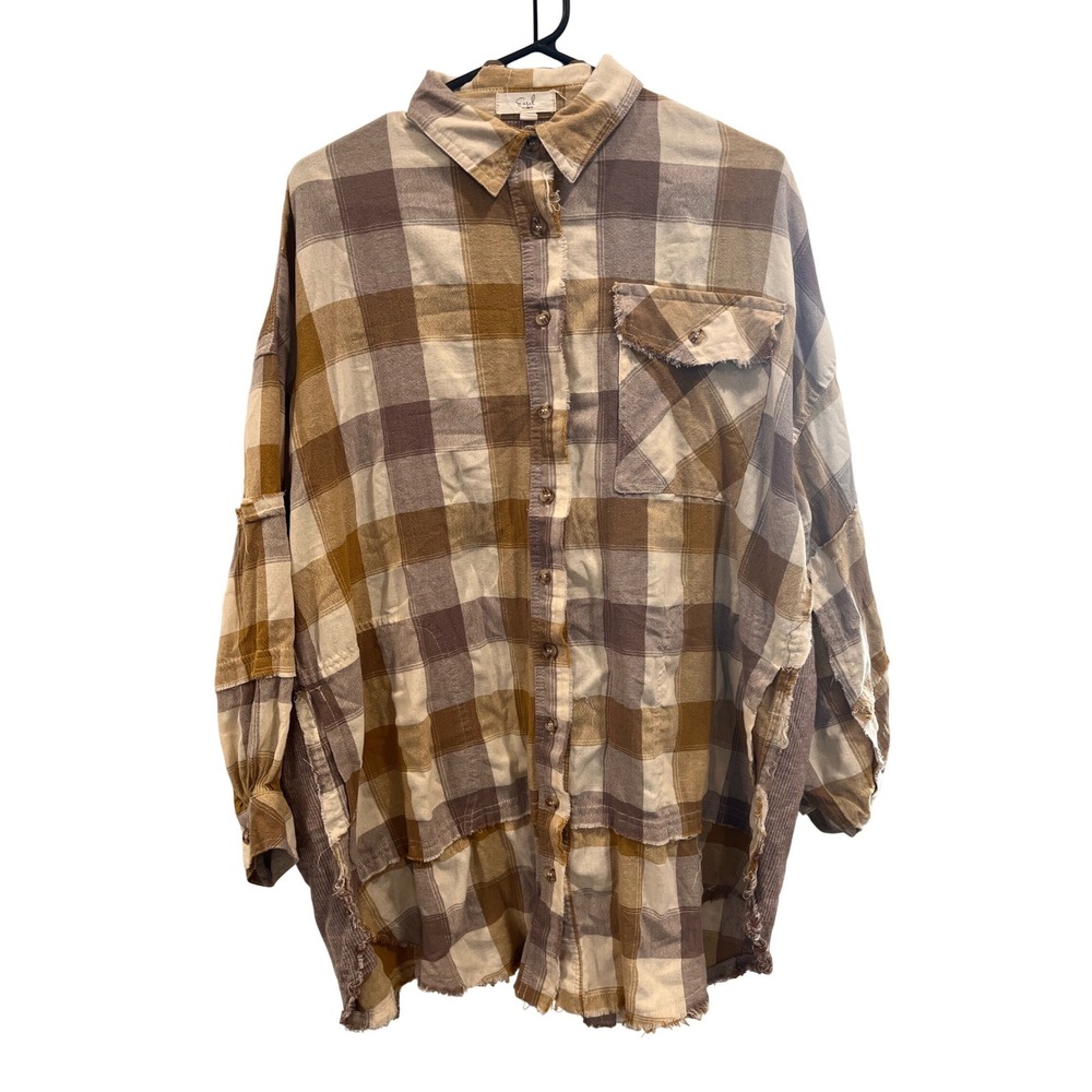 Easel Los Angeles Plaid Patchwork Distressed Oversized Tunic Shirt‎ Women Size S